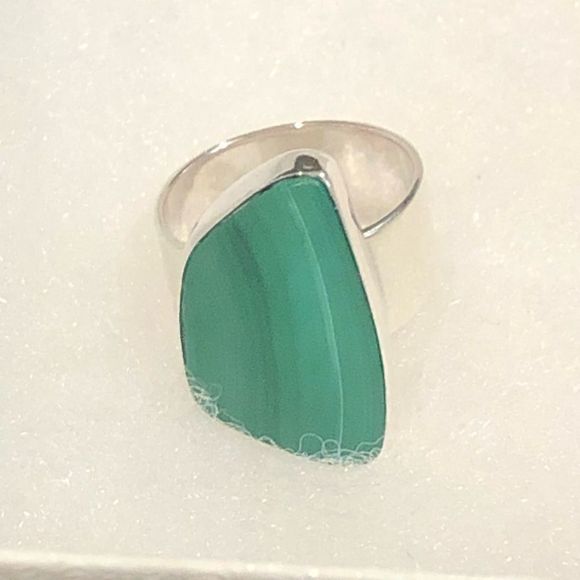 Vintage Malachite Cabochon Sterling Silver Cocktail Ring Sz 6-1/2 - Picture 11 of 11